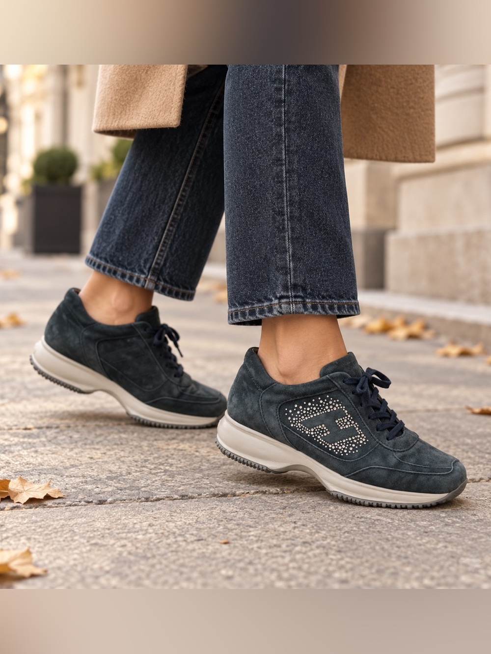 Luxury Hogan Interactive Women's Full Suede Sneakers in Navy with Crystal Logo